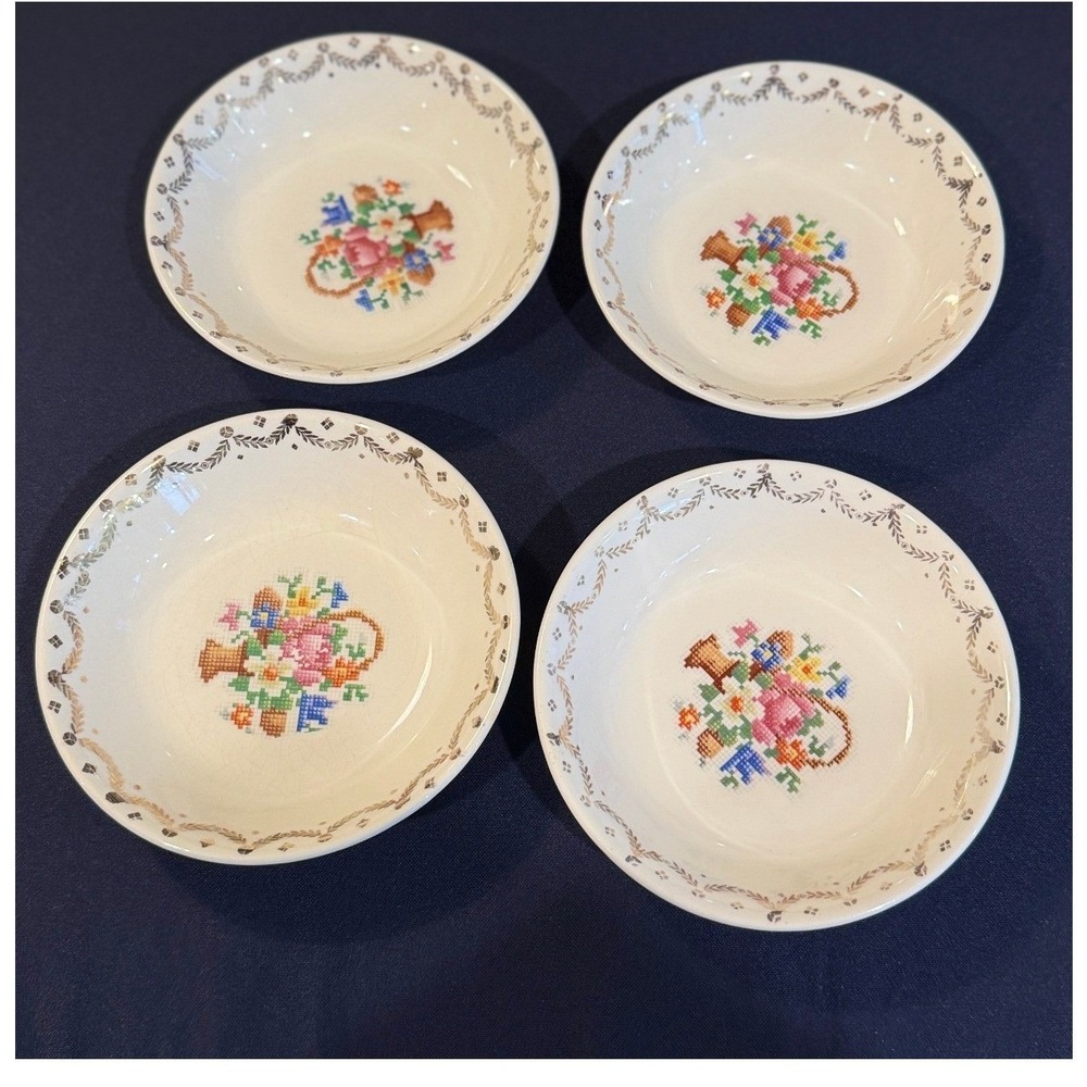 Salem China Century Cross Stitch Floral Basket 5" Bowls (4) 22K Gold Petit Point